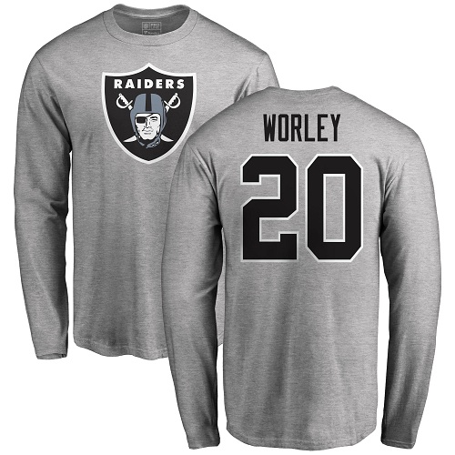 Men Oakland Raiders Ash Daryl Worley Name and Number Logo NFL Football #20 Long Sleeve T Shirt->nfl t-shirts->Sports Accessory